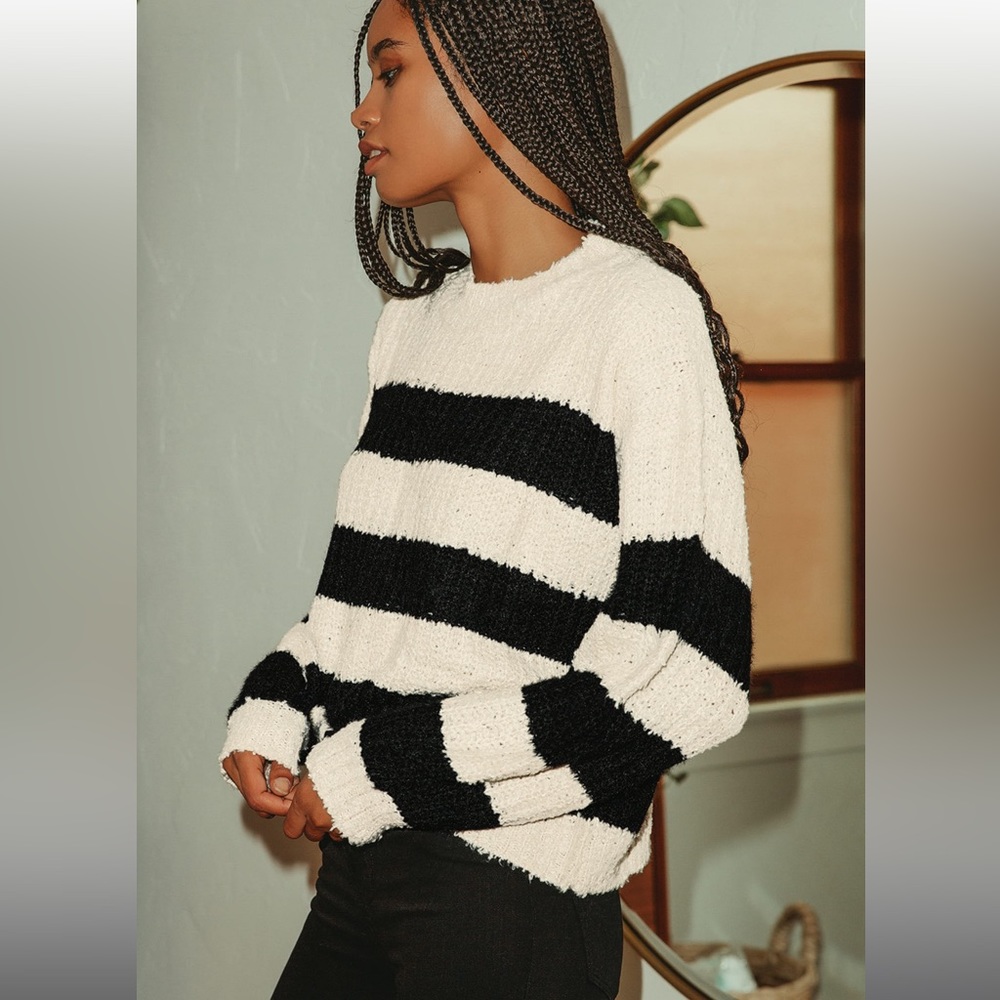 LUSH Cozy and Classic Beige Striped Knit Sweater